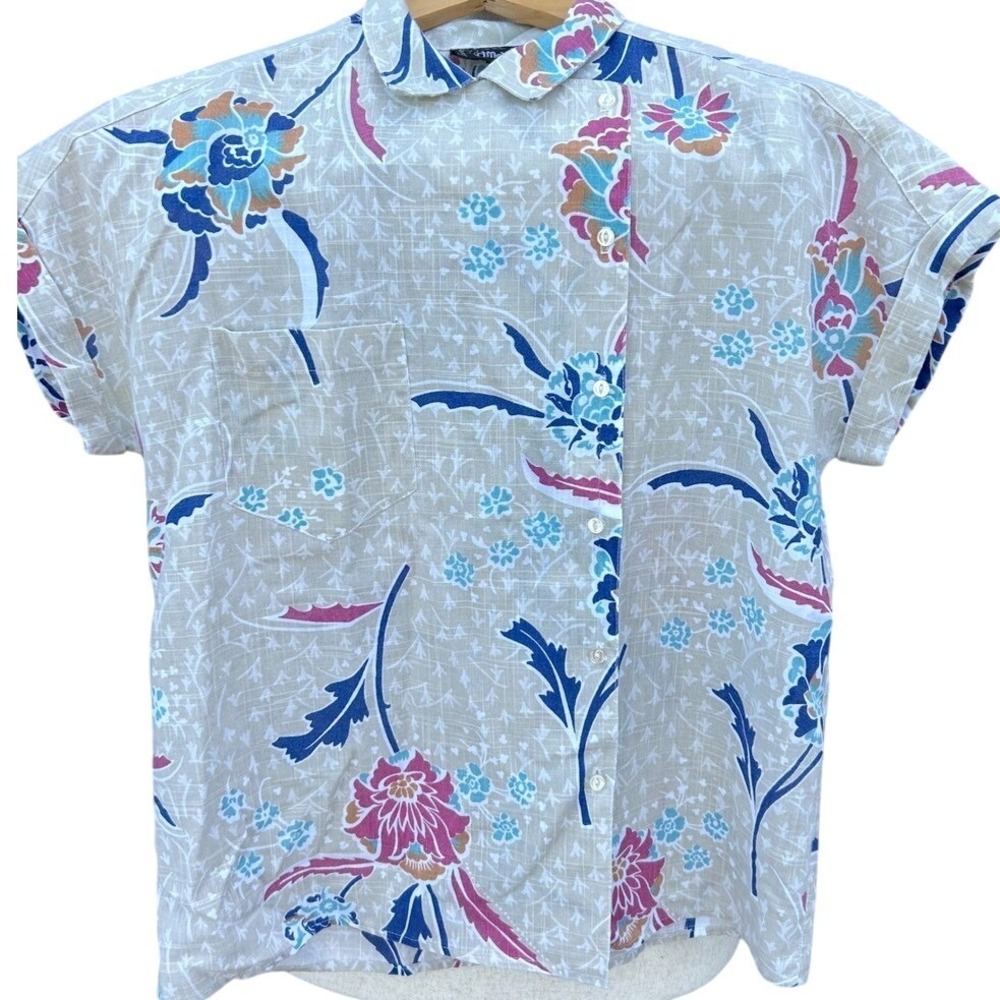 Amanda‎ Women Button Up Shirt 11/12 Tan Floral Asymmetrical Vintage Art Boho